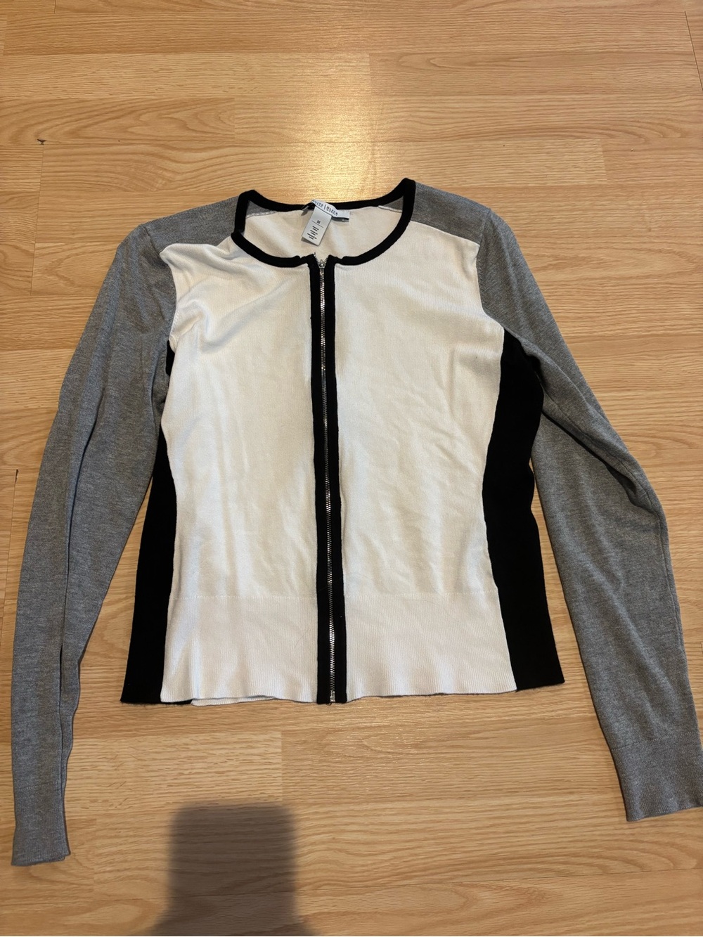 White House Black Market Colorblock Zip Cardigan in White, Gray & Black